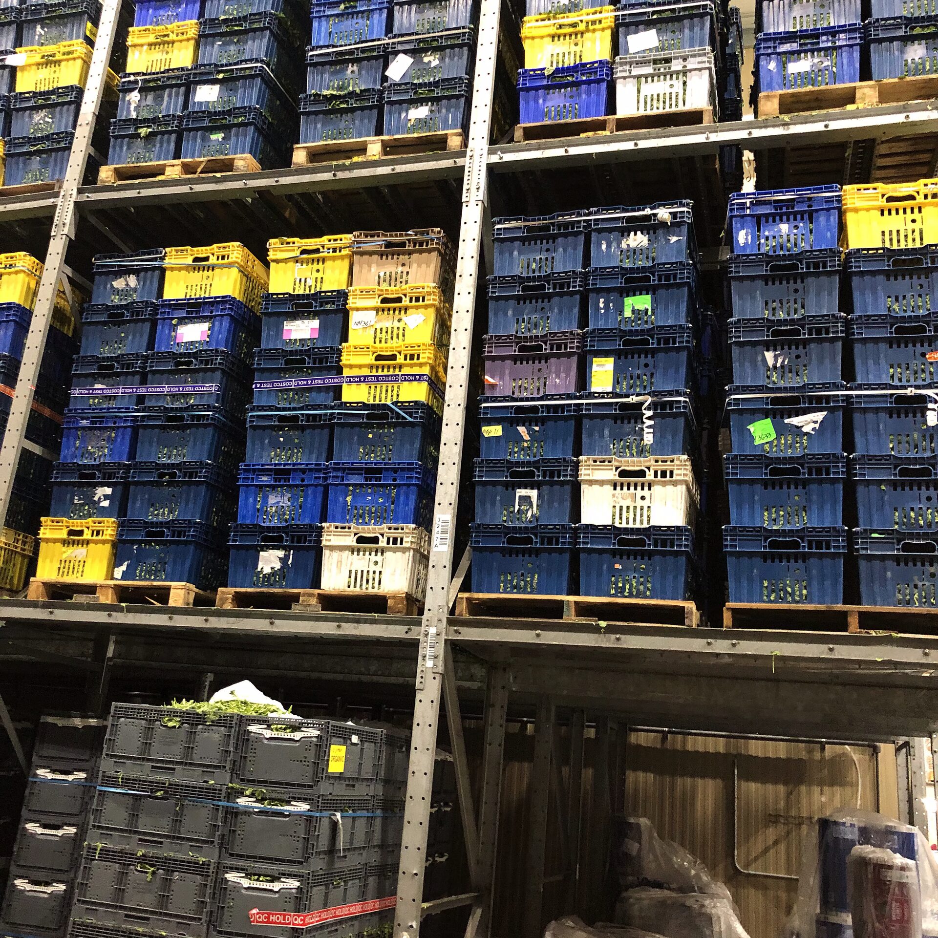 Close-up of stacked produce crates on pallet rack